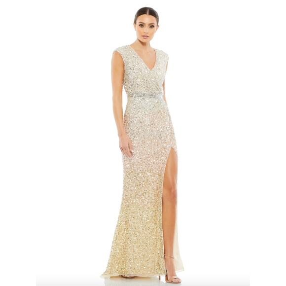MAC DUGGAL Dress Size 10 Evening Gown Sequin Beaded V-Neck NEW Cream Cap Sleeve - Picture 1 of 8